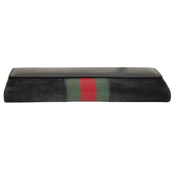 GUCCI Black Suede Leather Wallet Web Green Red Continental Long Flap Snap - Picture 11 of 11